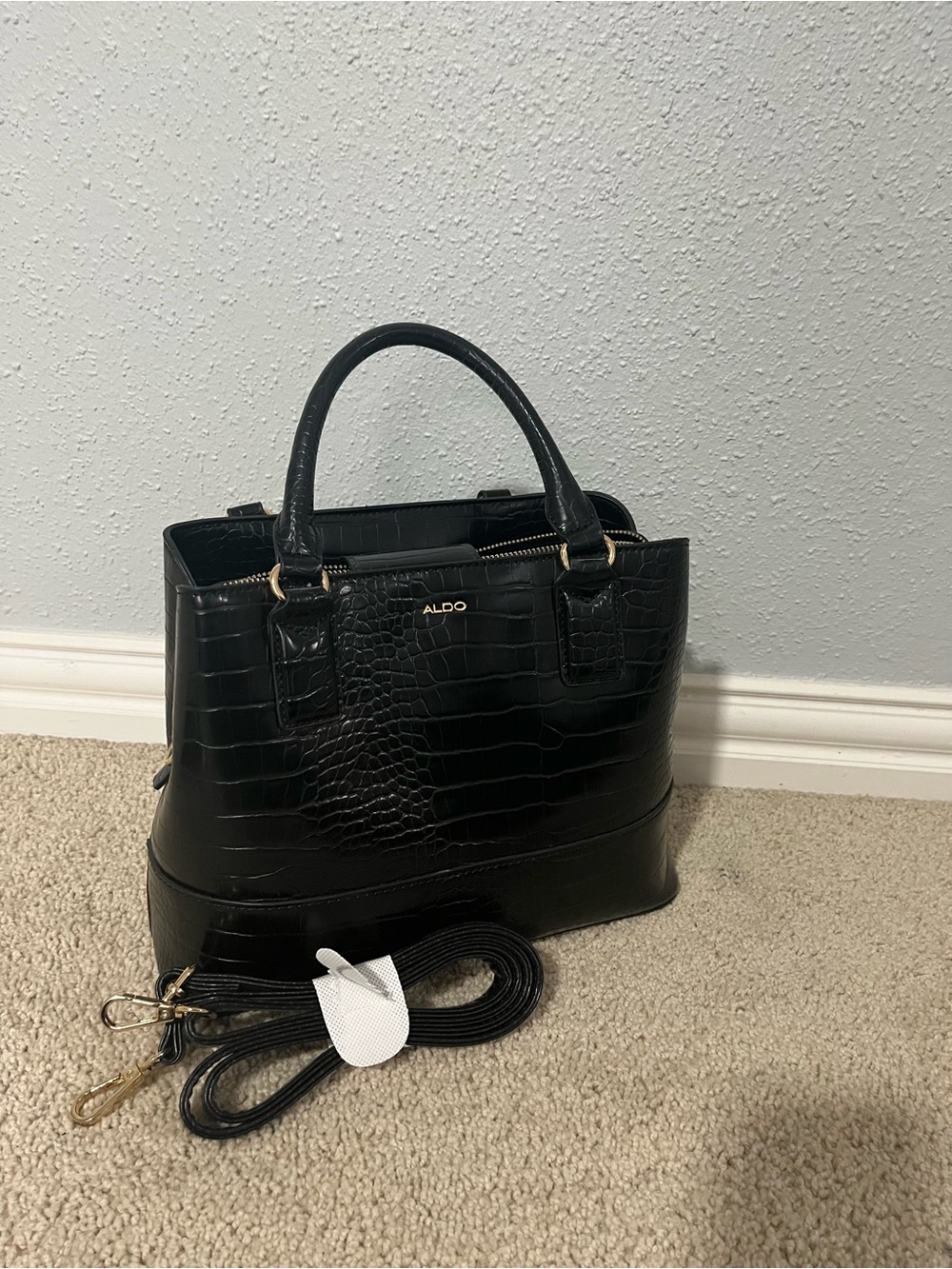 Aldo Black Croc-Embossed Satchel with Gold Hardware